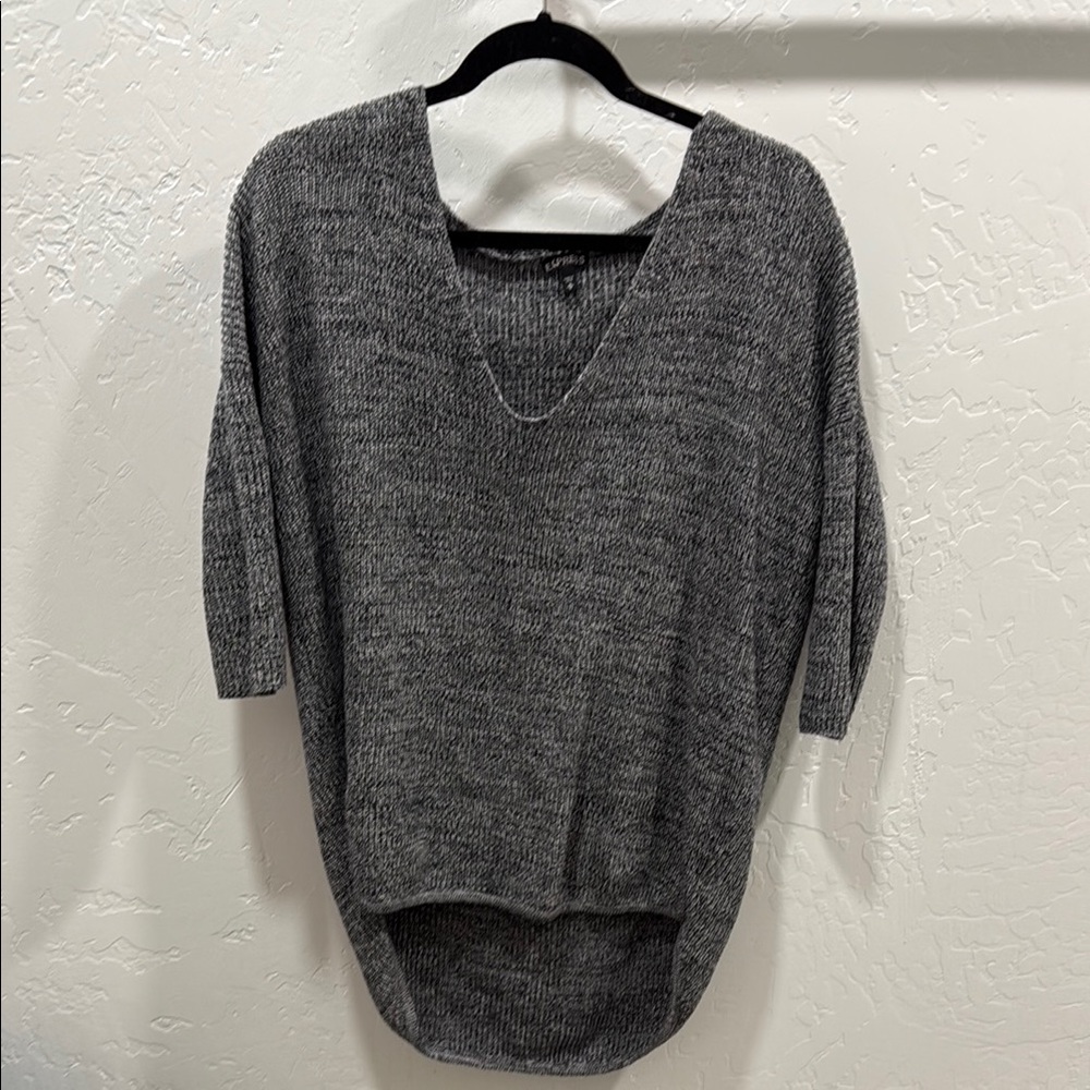 Express Gray V-Neck Sweater with High-Low Hem